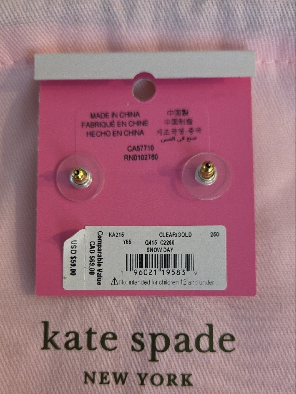 kate spade Gold Tone Crystal Ice Skate Stud Earrings with Pink Pouch - Picture 2 of 2